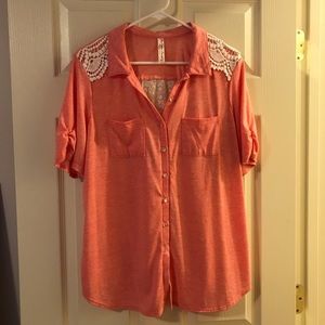 NWOT Super Soft Coral & Lace Button Up T